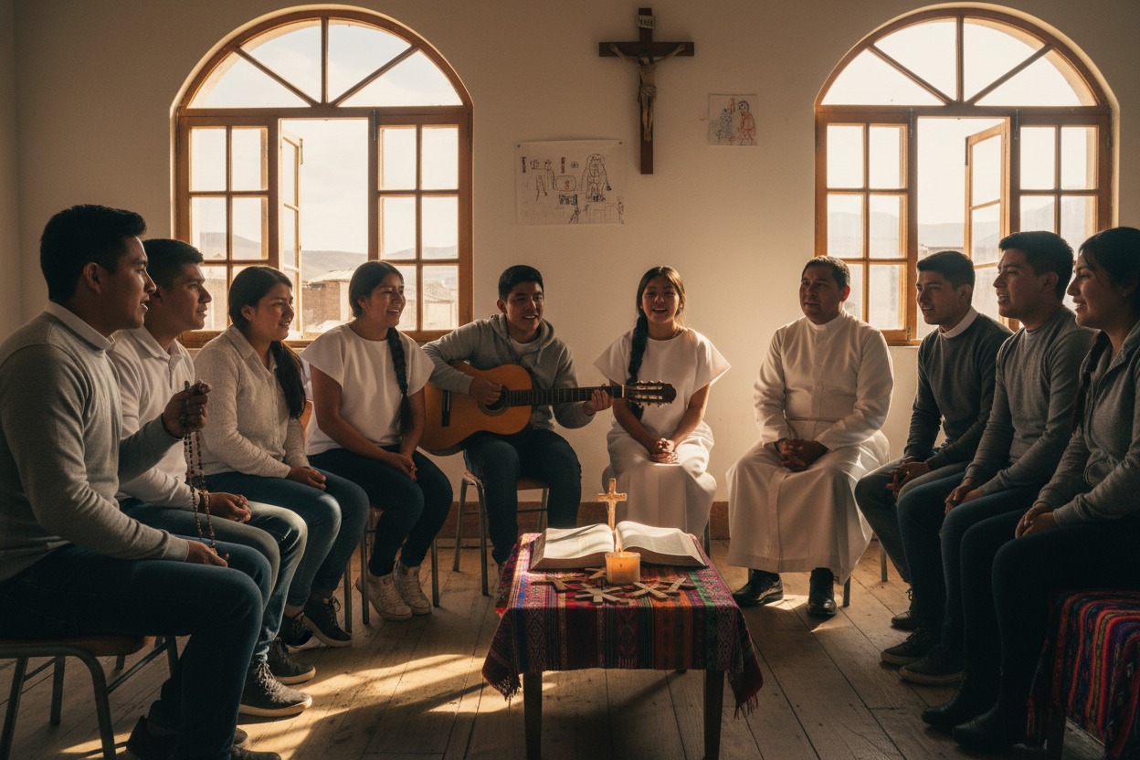 A group of young people and a priest sit in a circle in a sunlit room, with one person playing an acoustic guitar near a table holding an open Bible and a candle.