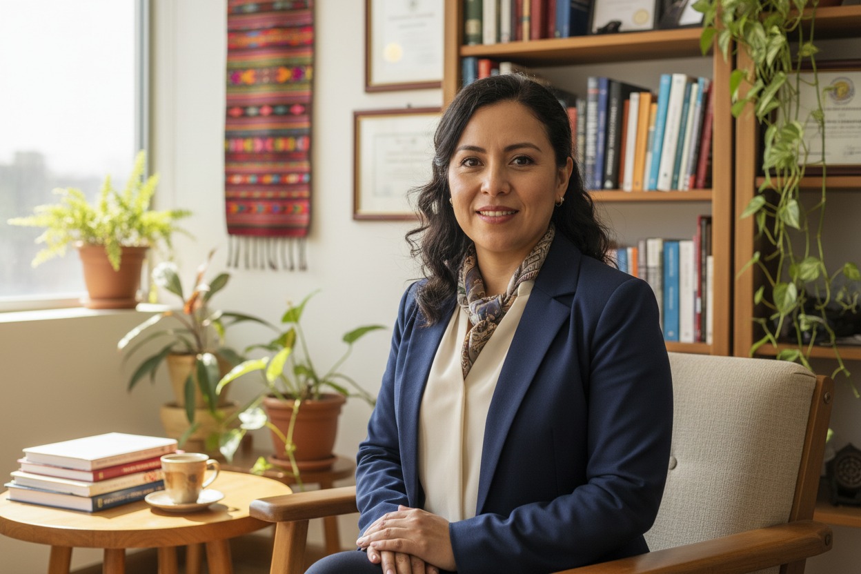 A professional woman with dark hair sits in a chair in an office with bookshelves and plants in the background.