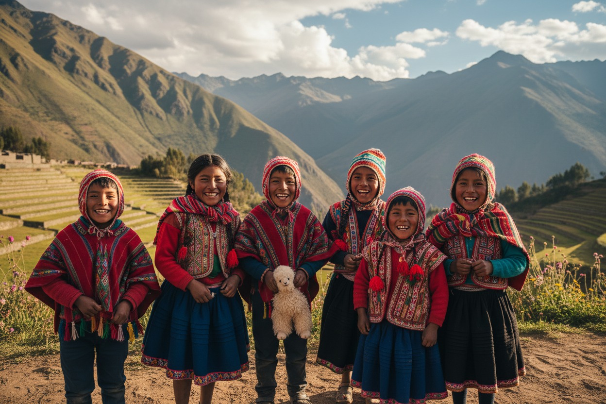 Six smiling children in traditional Andean clothing stand together in front of terraced mountains.